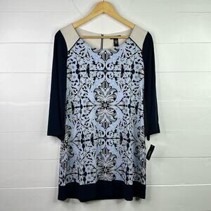 ALFANI Blue Cream Lace Overlay Zipper Back 3/4 Sleeve Mini Tunic Dress Small‎